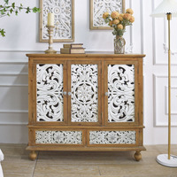 Meuble d'appoint en bois blanc moderne sculpté à motifs floraux, éco-responsable, 3 portes et 2 tiroirs, pour salon, bar à domicile ou hôtel