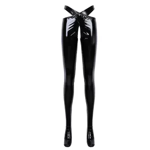 Women's Sexy Patent Leather Zipper Crotch Pants Leggings Leather Pants  Nightclub Bar Pole Dance Stage Costume Leather Pants (Black 3XL)