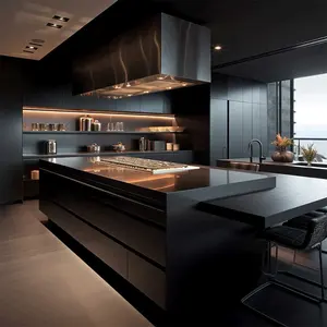 NICOCABINET Custom Quality Black Flat Melamine Oak Paint Veneer Handless Modern Kitchen Cabinet Carrara Waterfall Countertop