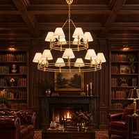 Grand lustre en laiton à double niveau avec abat-jour en soie plissée, grande lampe de plafond imposante pour escalier, villa, hôtel