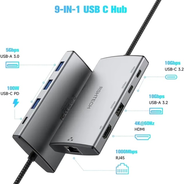 Type-C Expansion Dock 9-in-1 Hub for 2.0 DMI Adapter 4K60Hz USB 3.1 LAN Port Aluminum Alloy PD100W Fast Charging 5GB Data