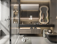 Meuble-lavabo flottant de luxe personnalisé avec miroir LED rétroéclairé irrégulier, vasque noire en pierre frittée et design cannelé, idéal pour hôtels