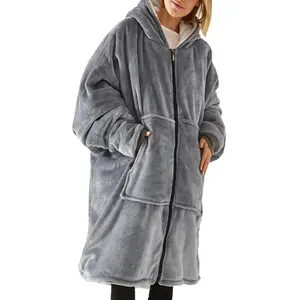 Warm Oversized Wearable Sherpa Hoodie Blanket Sweatshirt With Zipper Sleeves