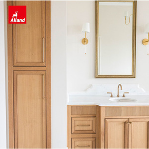 Meuble-lavabo haut élégant pour salle de bain principale, en lin texturé, avec finition en chêne <span class=keywords><strong>blanc</strong></span> chaud, à rainures, avec incrustations perlées et <span class=keywords><strong>double</strong></span> vasque dépassante - Product Image 2