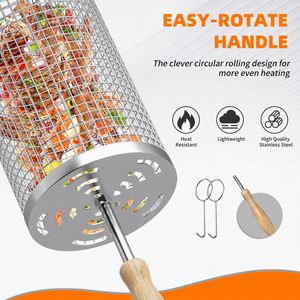 Panier de barbecue en acier inoxydable avec poignée en bois pour légumes, viande, crevettes, barbecue en plein air - Product Image 5