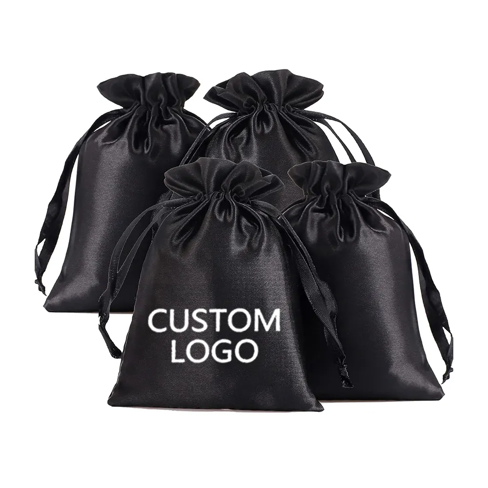 Custom Logo Black Wholesale Popular Satin Silk Dusting Rope Bag Wig Jewellery Reusable satin silk bag