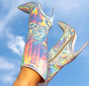 Holographic Upper Women Pointed Toe Knee High Booties Side Zip Thin Heels Metallic Wide Fit Large Size 45 <b>Boots</b> for Ladies - Product Image 5