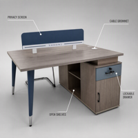 Bureau de direction en bois de luxe avec écran d'intimité bleu marine, pieds métalliques bleus coniques, armoire de rangement et tiroir verrouillable - Style commercial moderne