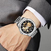 Montre mécanique automatique à boîtier octogonal tendance SKMEI 9378, cadran ajouré, acier inoxydable, montre pour homme, étanche, pour les affaires