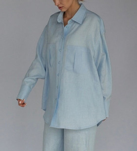 Camicie da donna in <span class=keywords><strong>lino</strong></span> blu chic, nuove collezioni estive 2026, alla moda, in <span class=keywords><strong>lino</strong></span>, a maniche lunghe, stile vintage, vestibilità ampia - Product Image 3
