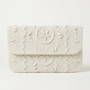 Sac à main rectangulaire fait main avec perles et motif floral, broderie blanche, sac artisanal - Product Image 1