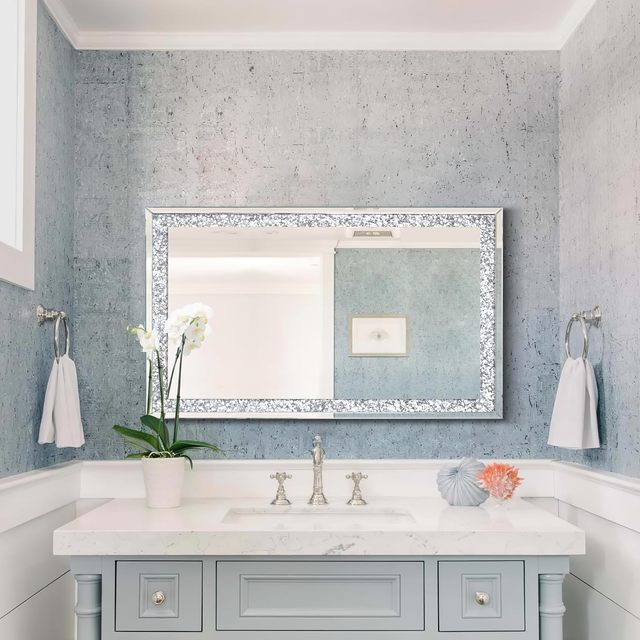 Crystal Crush Diamond Wall Mirror Silver Rectangular Decorative Mirror for Bathroom Bedroom Dining Room Living Room