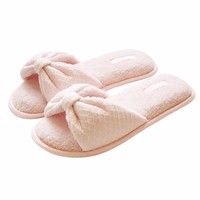 Chaussons d'intérieur plats antidérapants pour femmes, en tricot gaufré, à bout ouvert, avec doublure en tissu éponge doux et nœud décoratif