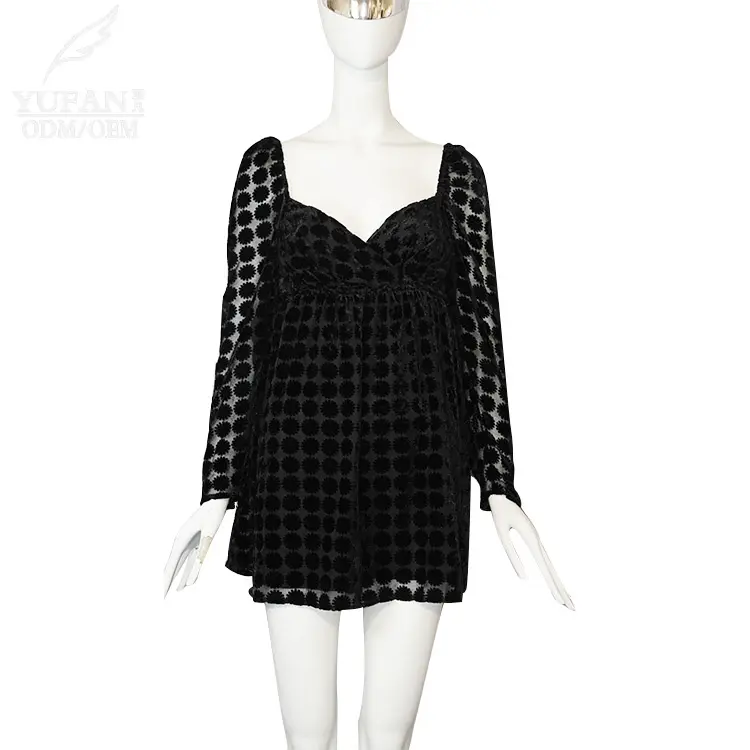 YuFan Custom Black Fashion Trendy Solid Lace Long Sleeve Dresses Square Neck Mini Dress For Women