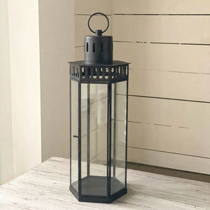 Wholesale <b>Black</b> Metal Candle Holder <b>Lantern</b> with Toughen Glass for Home and Outdoor Decorations - Product Image 1