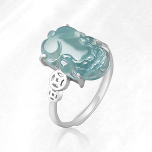 S925 <b>silver</b> <b>set</b> with natural A-grade jadeite blue water fox-shaped ice-quality jadeite female <b>ring</b> with adjustable size - Product Image 1