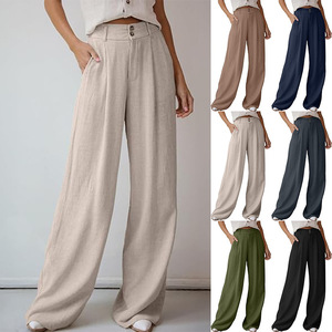 Pantaloni larghi da donna in <span class=keywords><strong>lino</strong></span> di cotone Casual pantaloni larghi a <span class=keywords><strong>vita</strong></span> <span class=keywords><strong>alta</strong></span> a gamba dritta - Product Image 1