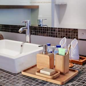 Pia de bambu e banheiro conjunto, Suporte do prato para chuveiro, Loção saboneteira, Copo de enxaguatório bucal, copo, bandeja para hotel, casa, escritório - Product Image 3