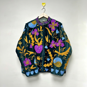 Premium Green <b>Velvet</b> Suzani Embroidered <b>Jacket</b> with Floral Pattern Stand Collar Full Sleeve Autumn Women's Outerwear - Product Image 1