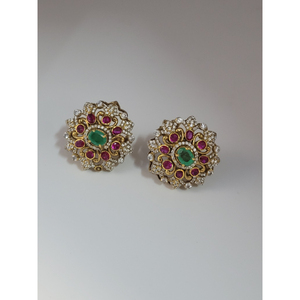 <b>Stud</b> earrings Sets Traditional floral/mandala-inspired cluster design Oval green gemstone (<b>emerald</b>-colored) Round floral cluster - Product Image 1