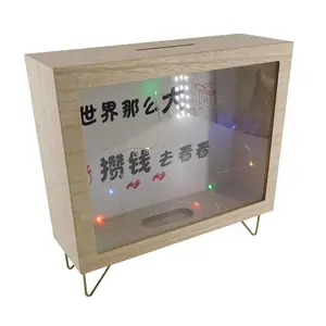 Оптовая продажа Незаконченный деревянный ящик для монет со светом и стеклом