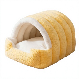 Coussin pour animaux de compagnie jaune en forme d'arche, semi-fermé, nid pour chien et chat, en peluche jacquard, doux et chaud, pour usage intérieur - Product Image 4