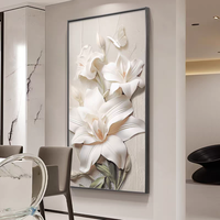 Décoration murale florale texturée moderne pour la maison, art mural vertical pour entrée, fleurs beiges neutres, peinture en porcelaine HD effet cristal