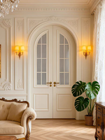 Porte battante simple en bois de style médiéval blanc, avec anse circulaire profonde et double anse en fil, verre dépoli