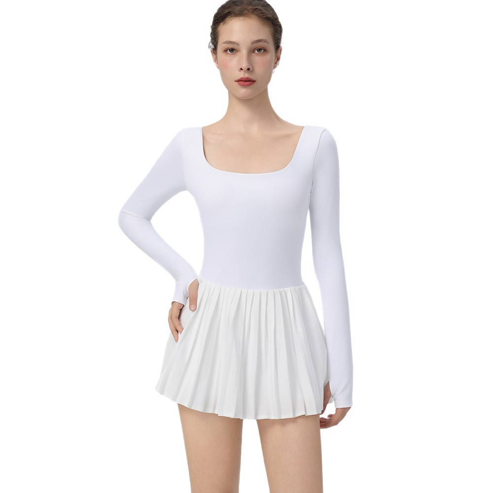 Long-sleeve Yoga Sports One-piece Dress with Waist Slimming Anti-exposure Design Built-in Chest Pad Pleated Tennis Skirt