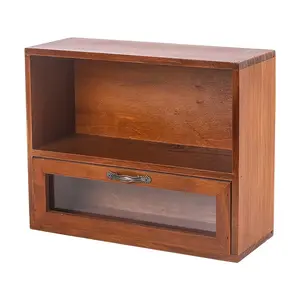 Kotak penyimpanan Desktop, lemari penyimpan kaca kayu rak penyimpanan kosmetik banyak lapisan gaya Retro