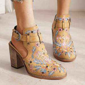 Women's Retro Vintage Square Heel Sandals New Summer Ethnic <b>Style</b> Buckle Strap Embroidered Fashion Trend Spring Winter - Product Image 3
