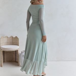 Robe longue maxi élégante à épaules dénudées et manches longues, unie, décontractée, avec volants et fente, pour femme - OEM - Product Image 3