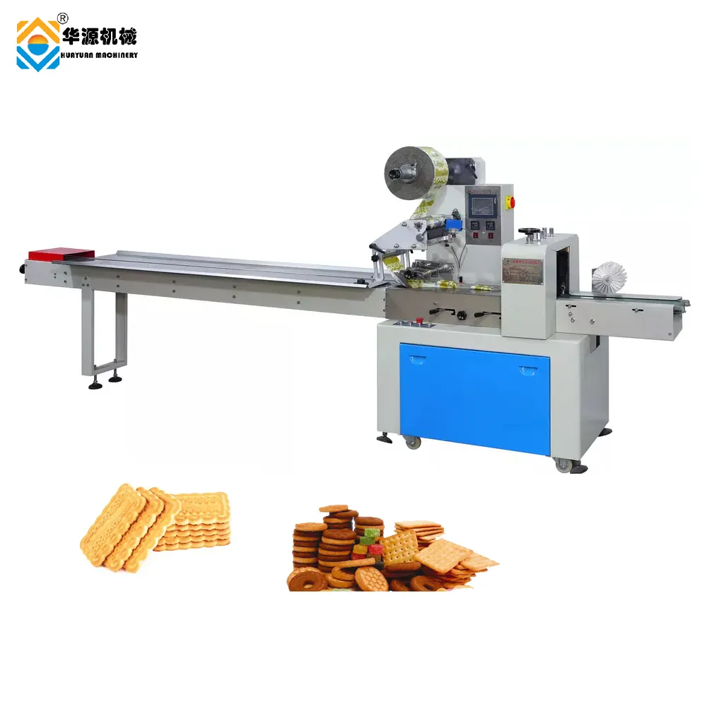 Huayuan Roll Snack Automatische Kussen Verpakkingsmachine Brood Nougat Bar Verpakkingsmachine Voedsel Item Energie Bar Hoge Productiviteit