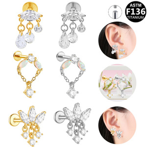 <b>Titanium</b> Plated Flower <b>Chain</b> Ear Studs For Piercing Jewelry Party Fashion Earrings With Prong Setting Stainless Steel - Product Image 1