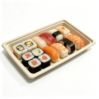 Afbreekbare, recyclebare, wegwerpbaar rechthoekig sushi- en fruitplateau, stapelbaar, geschikt voor magnetron, van bagasse, voor fastfood.