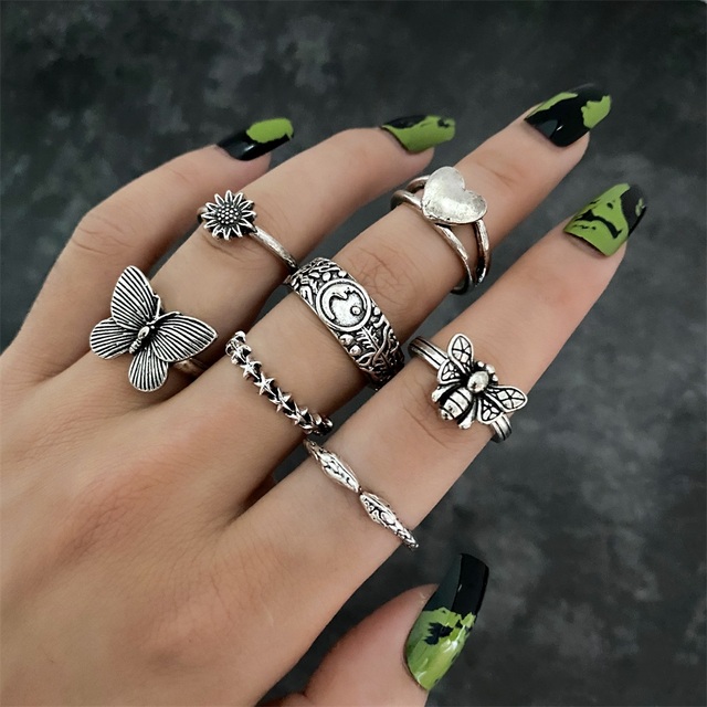 VKME Bohemian Silver Rings Set Geometric Butterfly Antiques Finger Ring for Women's Fashion Crystal Personality Jewelry Gift