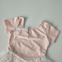 Conceptions personnalisées à manches courtes en nylon spandex jolie robe de ballet de danse rose pour filles avec nœud papillon et jupes en mousseline de soie pailletée