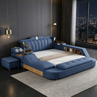 Luxuriöses Blaues Lederbett mit Massage-Kopfstütze Seitlicher Aufbewahrungsschrank Schublade Hebbare Bettendekonsole für Hochwertige Schlafzimmer