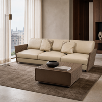 Canapé d'angle modulable en cuir véritable italien minimaliste avec section rafraîchissante, accoudoirs tressés à la main et table basse – Collection Luxe pour Salon