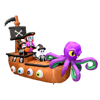 Bateau pirate gonflable d'Halloween de 7 pieds avec squelette de pieuvre géant et éclairage LED pour décoration extérieure de jardin