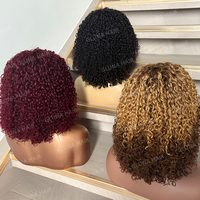 Wig Bob pendek keriting ikal Afro murah dengan mesin poni dibuat Pixie Cut 100% Wig rambut manusia penutupan Virgin mentah untuk WANITA HITAM