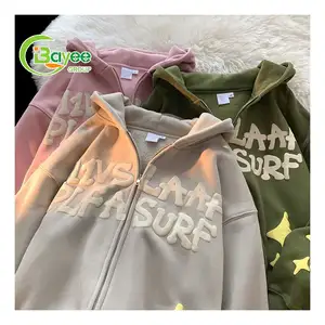 Custom Logo Design High Quality 100% Cotton Hoodies Unisex Heavyweight Oversized 3D Puff Printing Full Zip Up Streetwear Hoodie