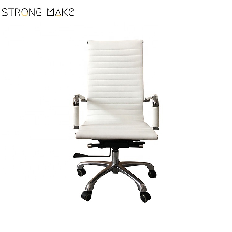 Classic Design white high back leather PU black ribbed polish aluminum leg office chair with wheel