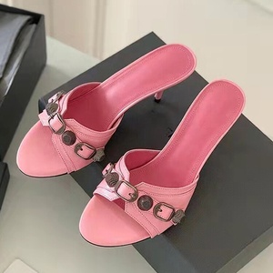 Sandals Shoes 2022 Summer Thin High Heel Open Toe Sandals Metal Decoration Slipper <b>Slip</b>-on Outdoor - Product Image 3