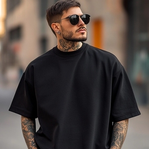 เสื้อยืดพิมพ์ลายกราฟิกเฮฟวีเวตของผู้ชายเสื้อแนวสตรีทผ้าคอตตอนขนาดใหญ่โชว์ไหล่250gsm ออกแบบได้ตามต้องการ - Product Image 4