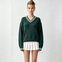 Pull en tricot pour femme à col en V rayé contrastant, ample, à manches longues, style preppy (personnalisable)