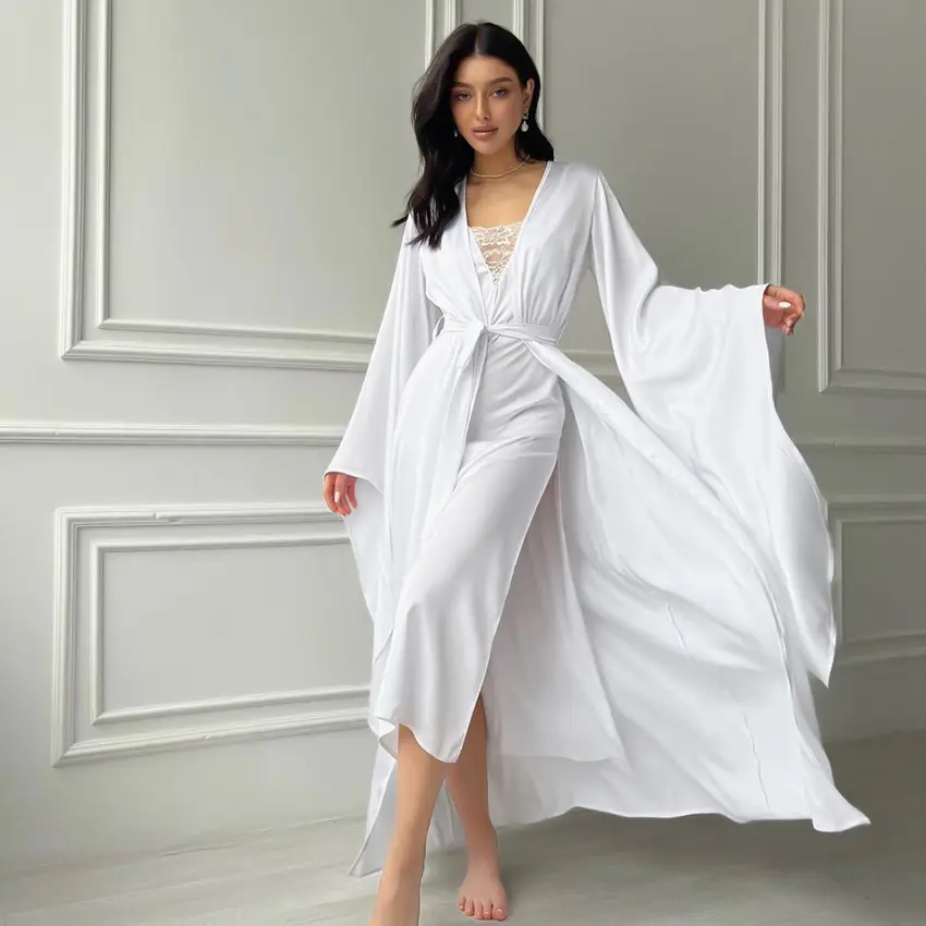 Phụ nữ trắng ren v-cổ lưới cao khe Áo ngủ 2 mảnh thanh lịch đêm Dresses với áo choàng cho người phụ nữ sexy