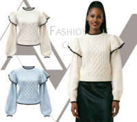 Pull en tricot torsadé élégant pour femme, noir, avec volants aux épaules, bordure festonnée et manches lanternes, couleur crème