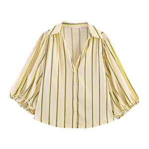 PB&ZA <span class=keywords><strong>Femme</strong></span> 2026 Nouvelle Collection Chemisiers en Lin Rayés et à <span class=keywords><strong>Carreaux</strong></span> Coupe Ample Décontractée Manches Bouffantes Boutonnés Blouses Chic - Product Image 2