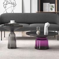 Table basse en verre trempé coloré or, plateau violet noir, table d'appoint